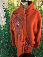Bob Mackie Wearable Art Large Jacket Vtg Burnt Orange Embroidered Floral Fleece
