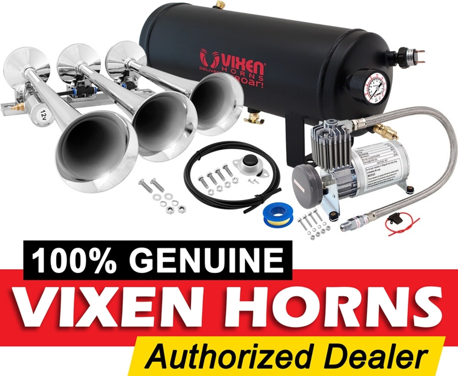 Vixen Horns Train Horn Kit - 1.5 Gallon Air Tank 150 PSI 3 Trumpets Truck/Car/Semi