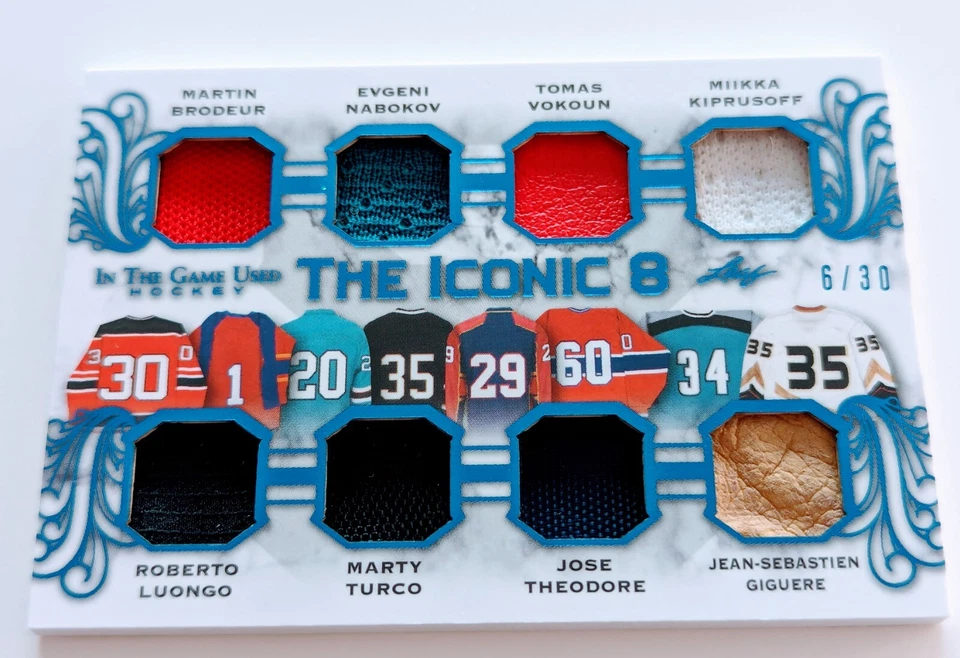 🔥#/30 BRODEUR LUONGO GIGUERE KIPPY ICONIC 8 RELIC 2020-21 Leaf In the Game Used - Image 2 of 4