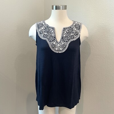 NEW $68 Max Studio Womens Medium Navy Embroidered Sleeveless Shirt Top