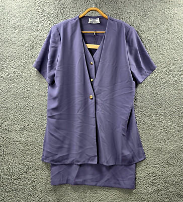Vintage Dolina Womens 2 Piece Set Size 16 Grey Blue Skirt Top Short Sleeve