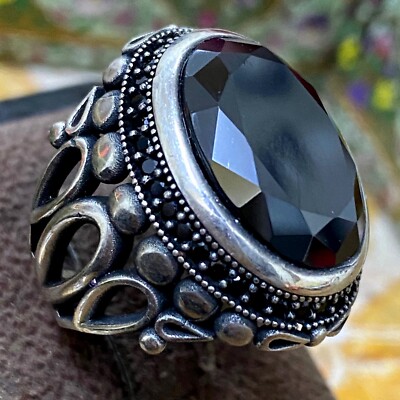 vintage 925 Sterling Silver ring Handmade Faceted Black Zircon Stone Men's  Ring