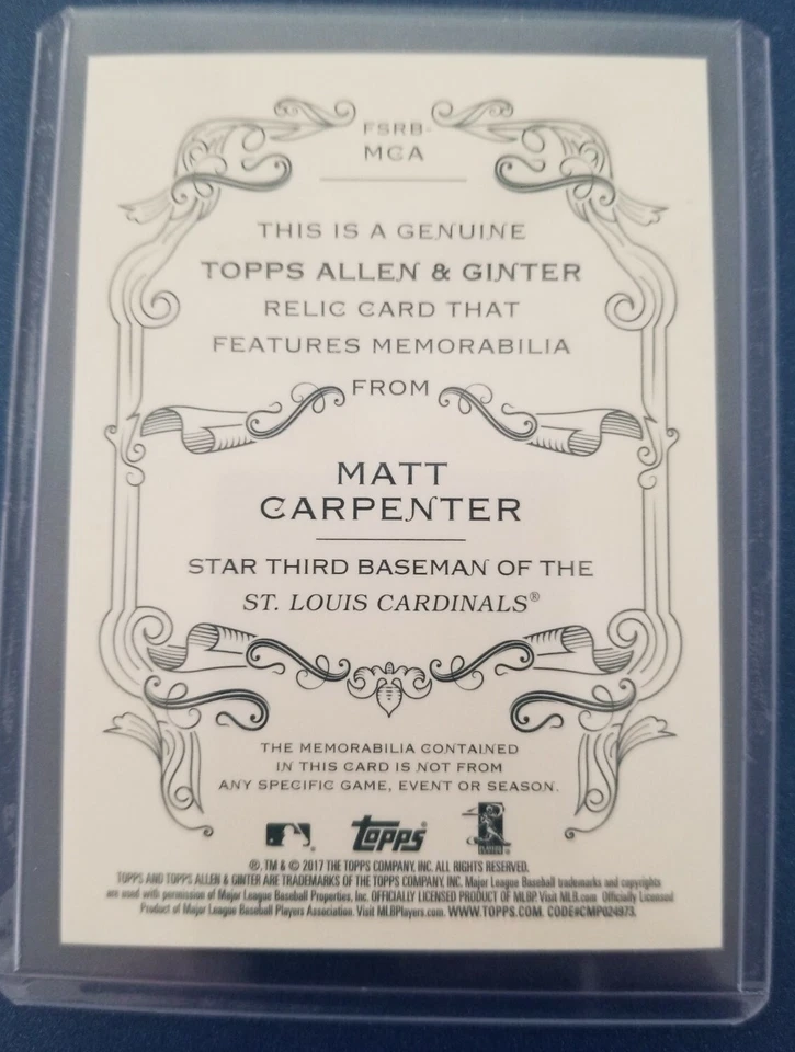 2017 Topps Allen & Ginter Relics Matt Carpenter Jersey swatch #FSRB-MCA - Image 4 of 4