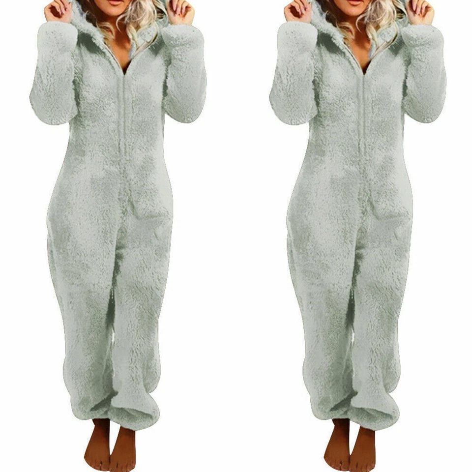 Winter Damen Warm Teddybär Schlafanzug Plüsch Jumpsuit mit Kapuze Overall Pyjama - Bild 4 von 4