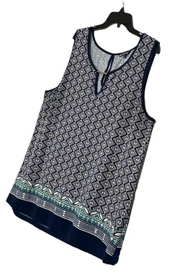 UNIQUE SPECTRUM Size 3X Blue White Sleeveless Keyhole Neck Stretch Tank