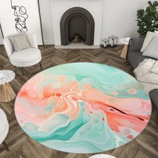 Blue Pink Marble Round Carpet Washable Soft Thin Modern Aesthetic Circle Carpet