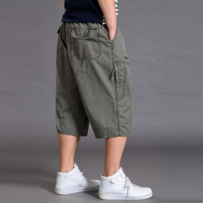 Plus Size Shorts Cargo Pants Baggy 3/4 Length Casual Cotton Trousers Solid Mens