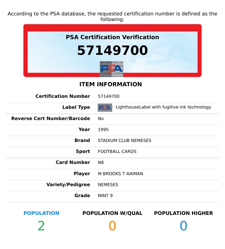 1995 STADIUM CLUB NEMESES MICHAEL BROOKS TROY AIKMAN #N8 NEMESES HOF PSA 9 MINT - Image 3 of 3