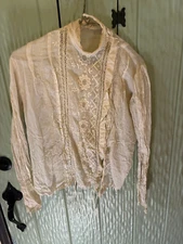 Antique Victorian Cotton Ladies High Neck Blouse w Lace Tucks Bust 36" Off White