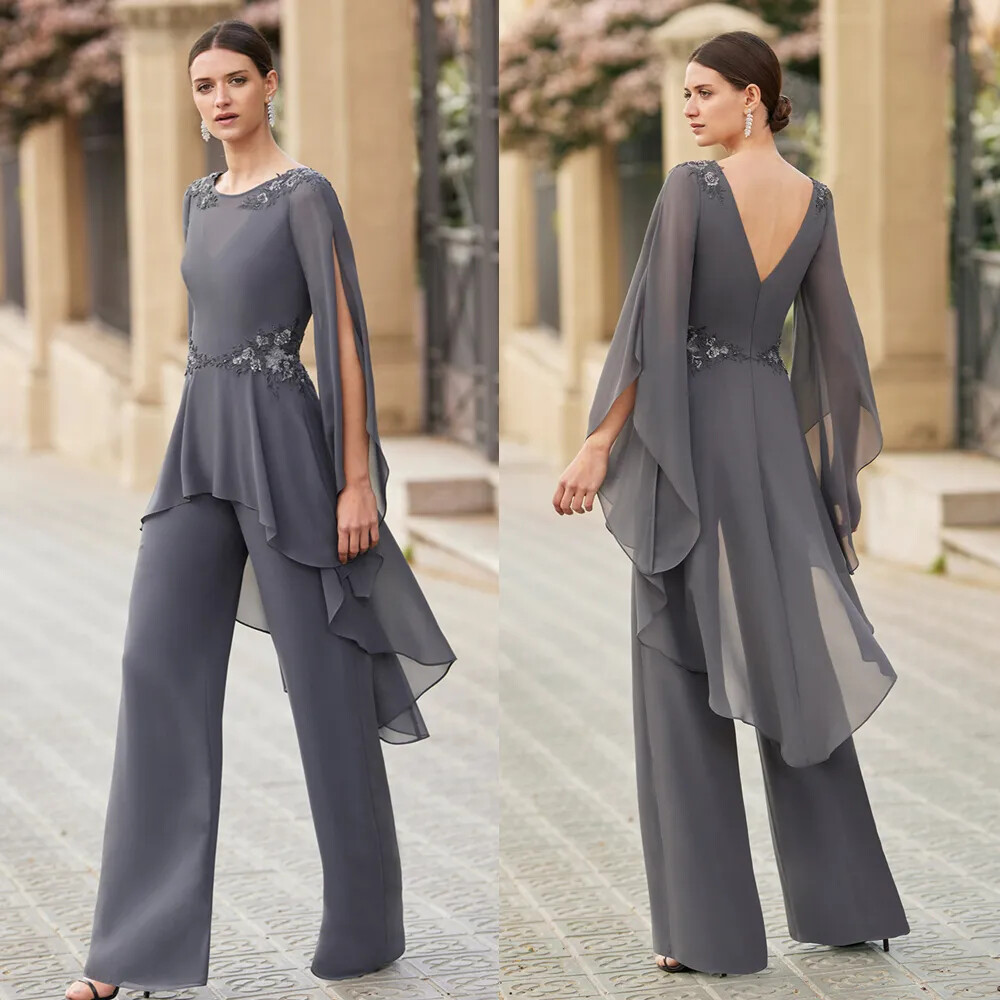 Elegant Mother of the Bride Dresses Pant Suits Chiffon Pants Suit Gray  Applique