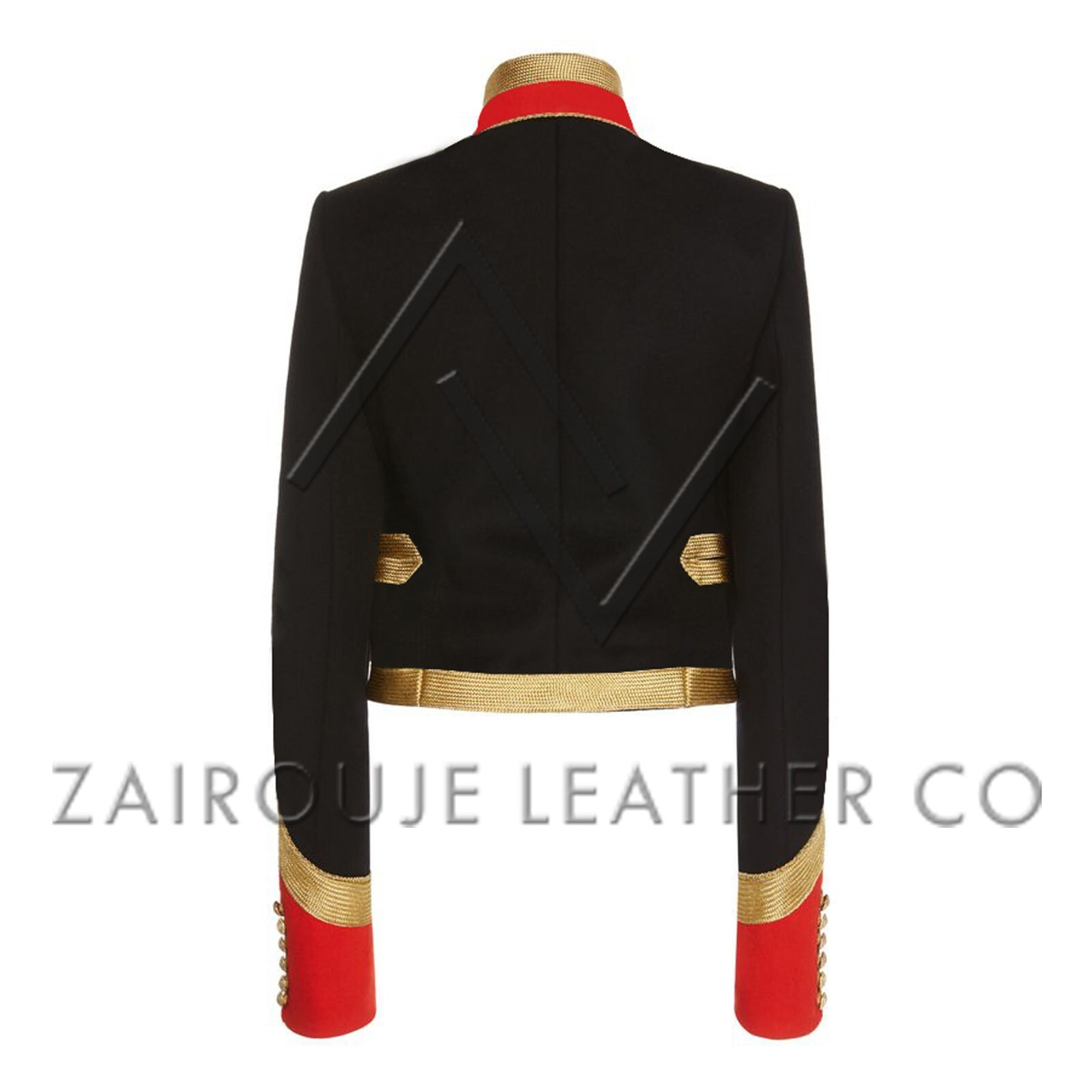 Womens Military Style Jacket - Black Gold Embroidered Cropped Band Coat Regal