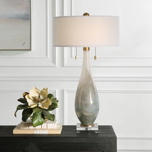 Elegant Smoky Bronze White Art Glass Table Lamp 32 in Tall Pull Chain Gray Brass - Picture 2 of 7