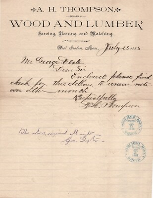 1888 AH THOMPSON WOOD LUMBER SAWING PLANING WEST GROTON MA LETTERHEAD
