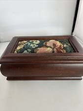 Vintage Wood Jewelry Box Tapestry Needlepoint Top With Mirror