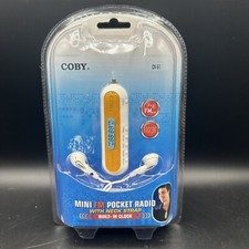 Coby CX61 Mini FM Pocket Radio w/ Neck Strap Built In Clock w/ Earphones NEW