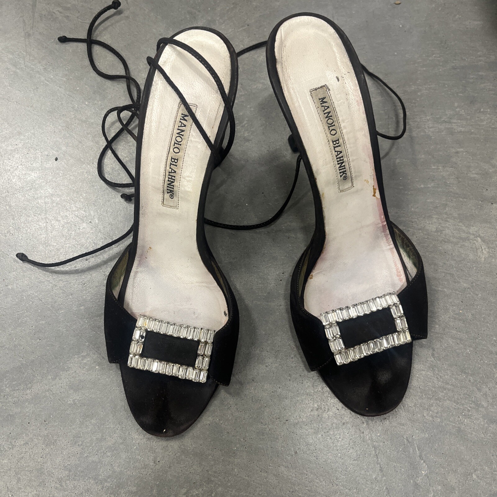 Vintage Manolo Blahnik Heels 39 Rhinestone Strappy Wrappy Black Sandals Suede