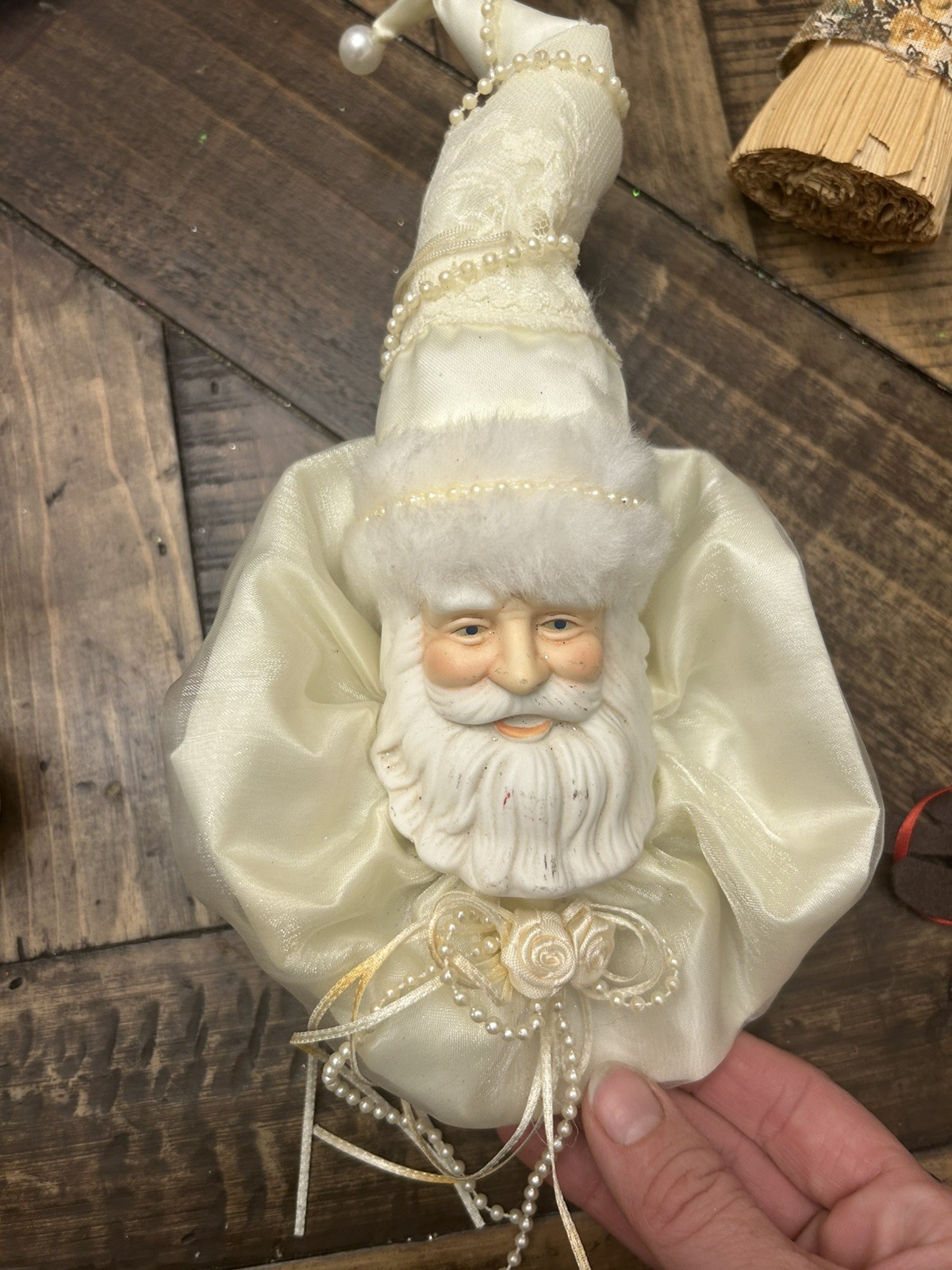 Vintage Santa Head Porcelain Christmas Tree Ornament Pink Hat 6'