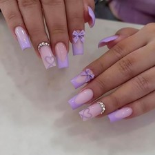 Medium Press on Nails Coffin - Purple French Tip Fake Nails with Bow Purple Bow