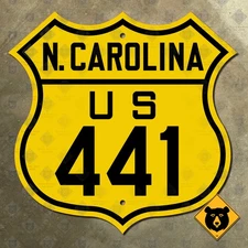 North Carolina US Route 441 yellow highway road sign 1939 Smoky Mountains 16x16