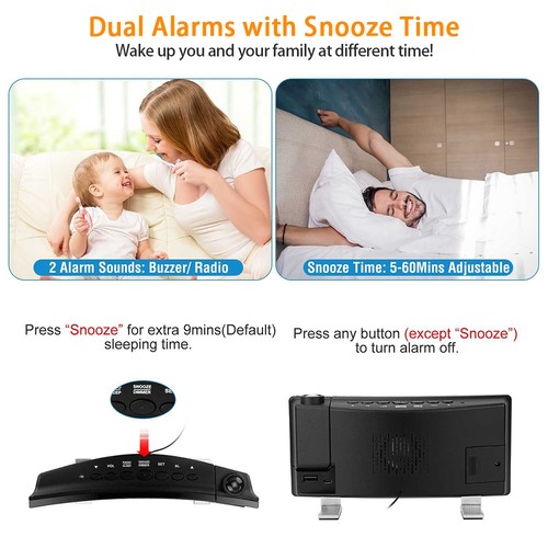 Digital Snooze Dual Alarm Clock with Projection Dimmer FM Radio 8” LED Display - Picture 4 of 18
