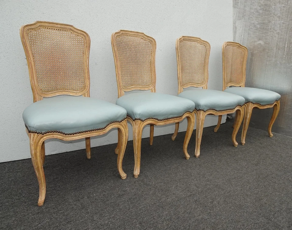 Set of Four Vintage French Provincial Louis XVI Blue Leather Cane Dining Chairs - Image 3 of 4