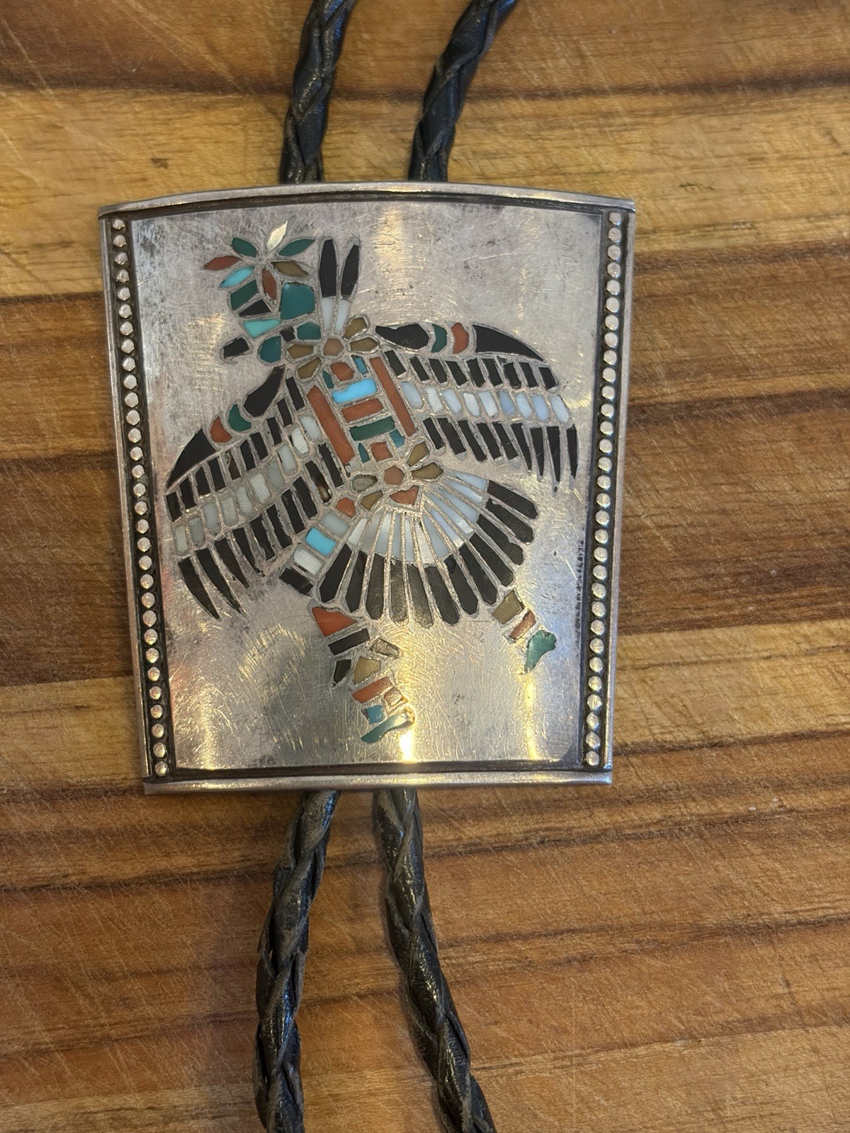 Rare Quiney Peynetsa Zuni Bird Man Eagle Silver Inlayed Bolo Tie