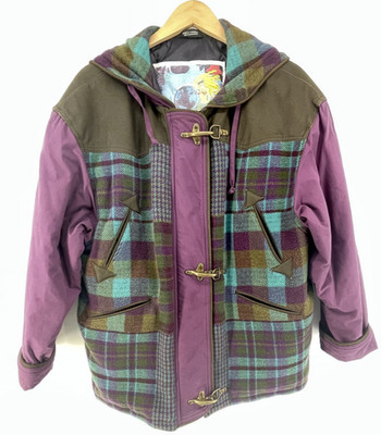 Vtg 90s Utex Coat Women M Wool Tweed Plaid Brass Clasps Purple Oversized Duffle