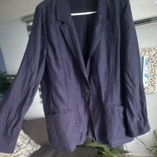 Women  s Navy Solid Single-Button Blazer Jacket, Collared, Pockets, Long Sleeve