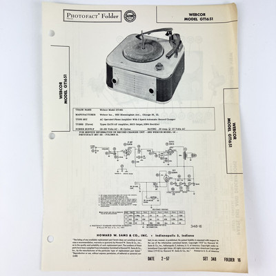 1957 Webcor Record Player GT1651 Wire Schematic Repair Manual Sams