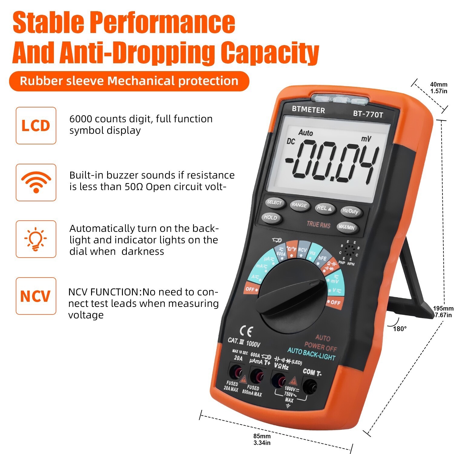 True RMS Digital Multimeter Tester 6000Counts AC DC Volt Current 20A Amp Ohm DMM