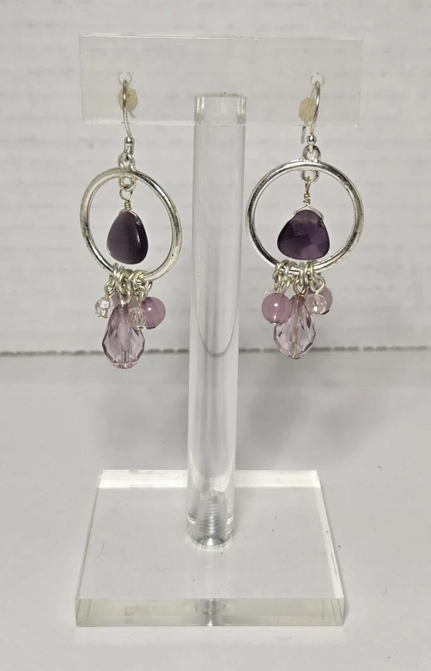 Handmade Silver Hoop Dangle Boho Earrings with Purple Amethyst Gemstone Beads - Image 4 of 4