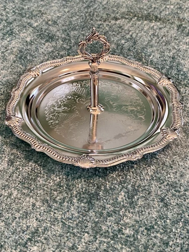 Vintage - 7" Silver Metal Serving Tray, Key Pole Center Handle, Embossed Etched