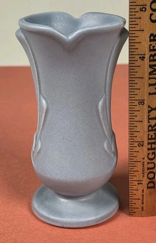 Shawnee Rum Rill Ohio pottery mini vase B2 in Cadet light blue handle design 4¾”