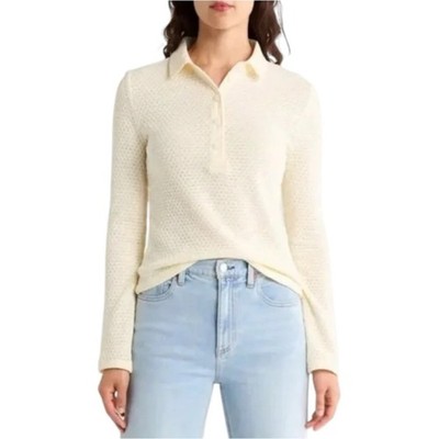 NWT Rag & Bone Carine Open Stitch Crochet Long Sleeve Polo Shirt Ivory Sz XS
