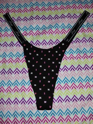 Vs pink cotton Logo Strap thong Panty Size Large NEW Black Logo