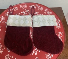 New Lot of 2 Mini Velvet Plush Christmas Stockings Burgundy Red Gold Argyle