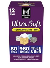 4Pack Member's Mark Ultra Soft 3-Ply Facial Tissues,12 Cube Boxes 80 tissues/box