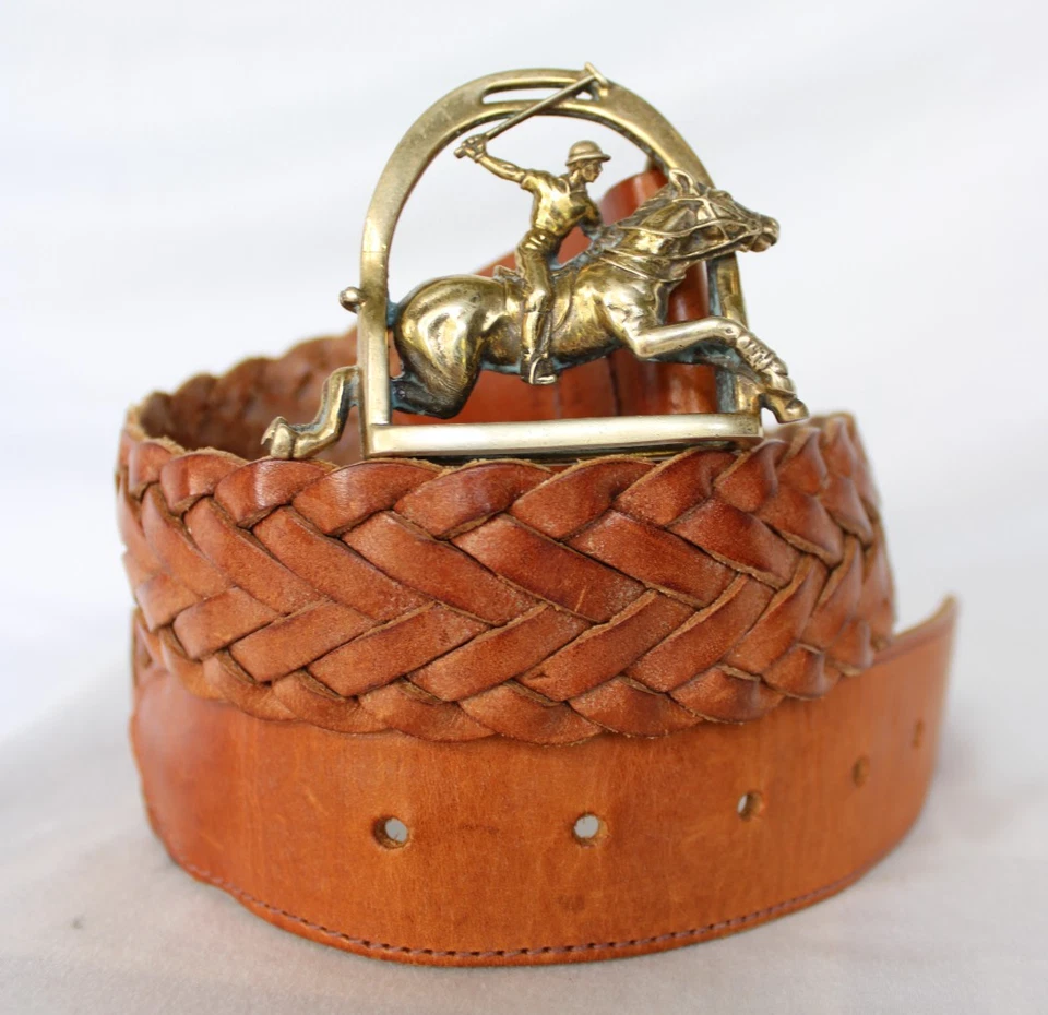 POLO Player Ralph Lauren Vintage Latón Caballo Ecuestre Cinturón Cuero Trenzado 28 Foto 2 de 4