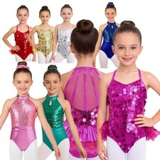 US Kids Girls Sleeveless Sequins Dance Dress Sparkle Latin Jazz Salsa Costume