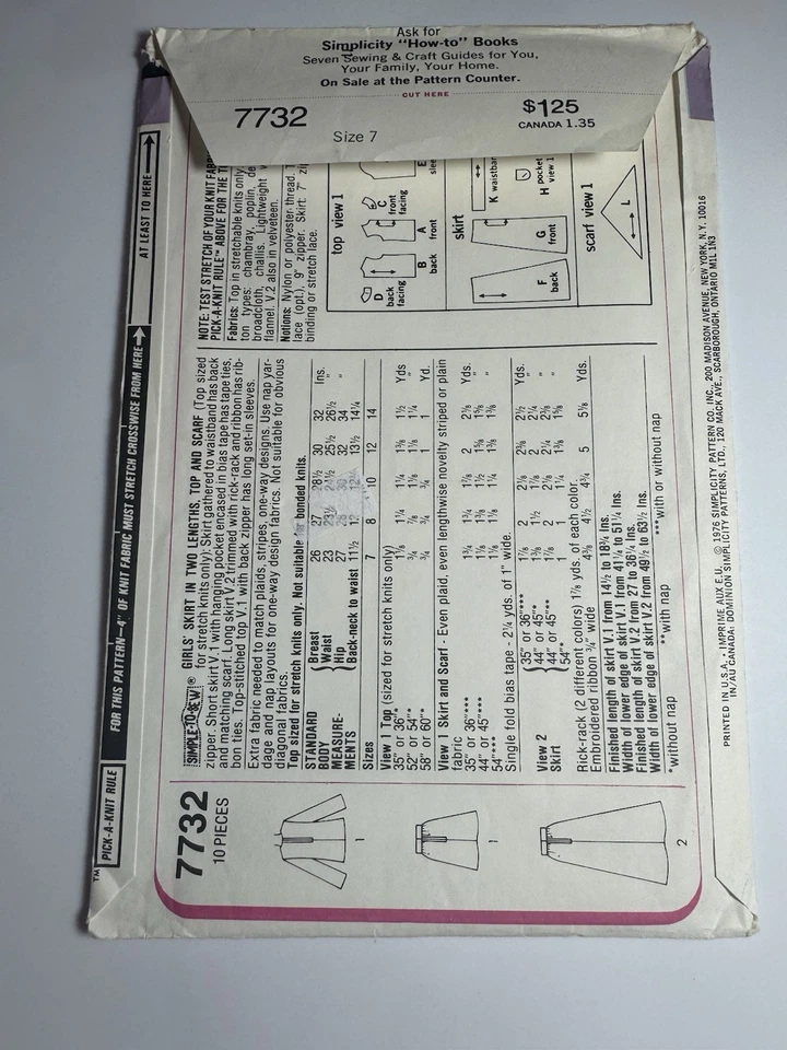 VTG Simplicity 7732 Girls Skirts (2) Lengths Top & Scarf SZ 7 Girls UNCUT;FF - Image 3 of 4