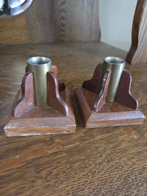 Hand Crafted Set Wood & Brass Candlesticks Candle Holders Art Deco Wooden Sticks