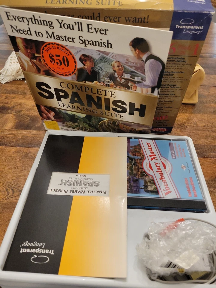 SUITE COMPLETA DE APRENDIZAJE DE ESPAÑOL Windows 95 98 Vintage Caja Grande CIB Con Micrófono Foto 2 de 4