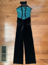 Creations By Cicci Dance Costume, Black Velvet Pants Suit Teal Top Child / Large