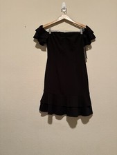 Lulu’s Mini Dress Small  Black Up All Night Ruffle Off Shoulder Stretch