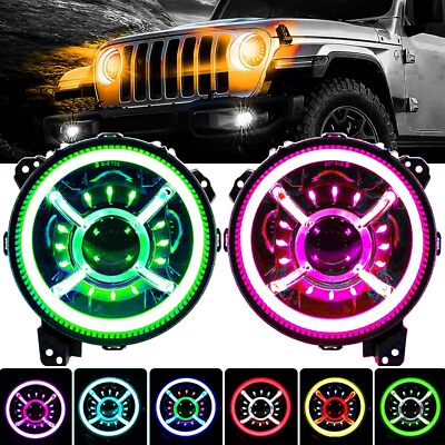 2x 9'' LED RGB DRL Headlight Assembly For Jeep Wrangler Rubicon Sahara 2018-2023