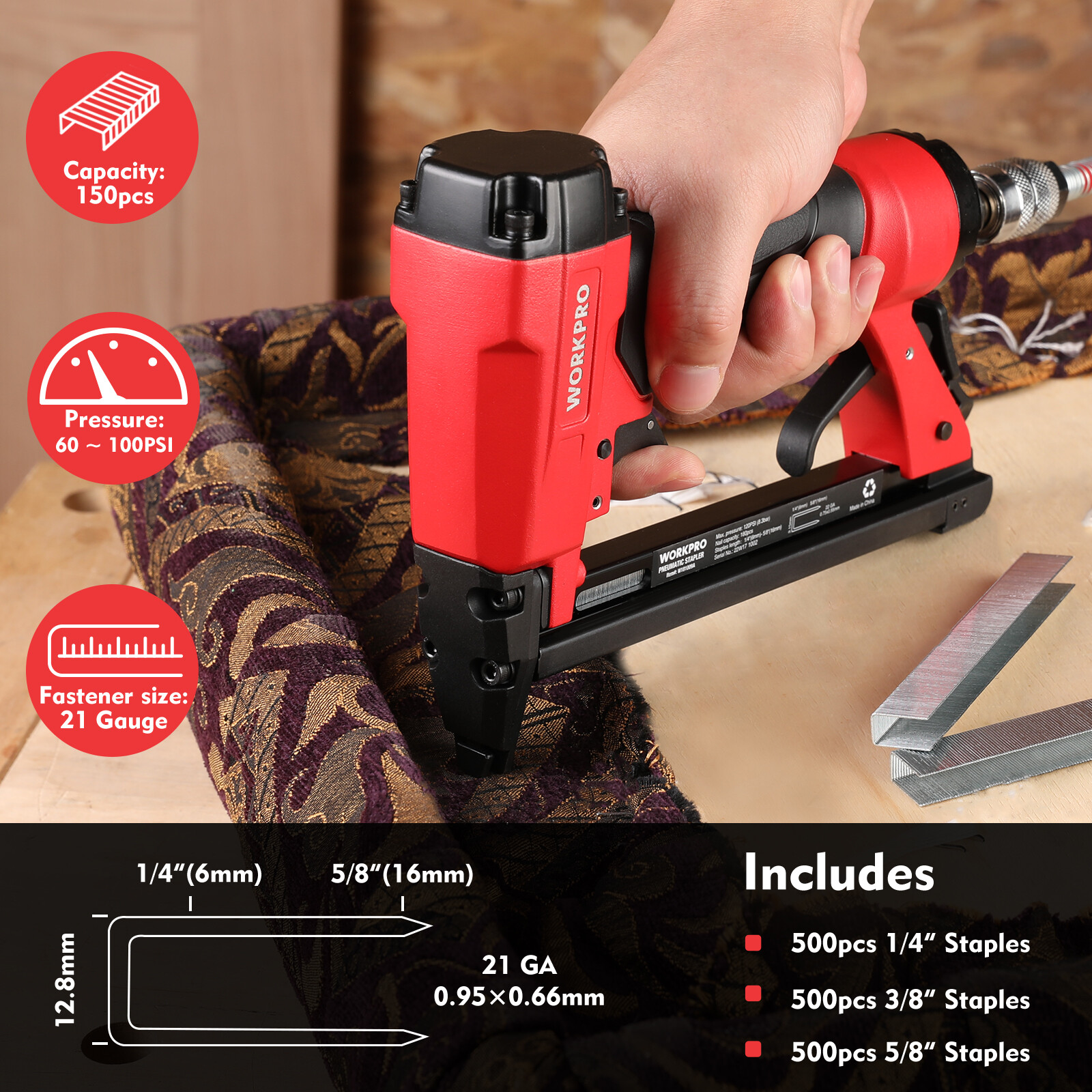 21 Gauge Upholstery Stapler 8016 Pneumatic Staple Gun 1500PC