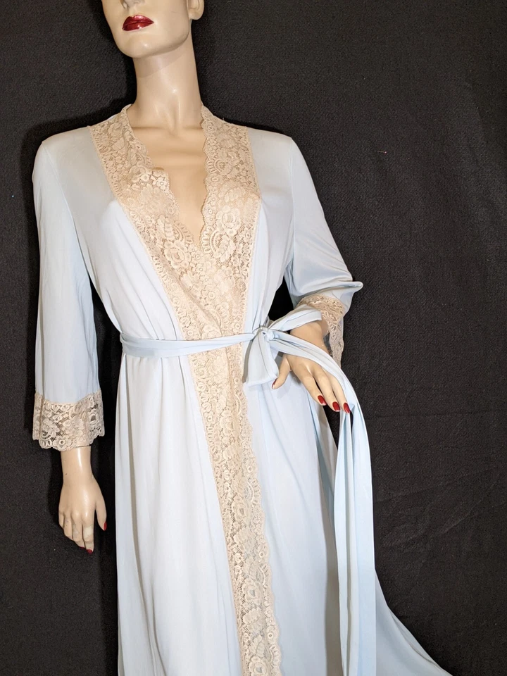 Vintage Vanity Fair Lindo Vestido de Noite Azul Conjunto de Roupão de Renda M - Imagem 3 de 4