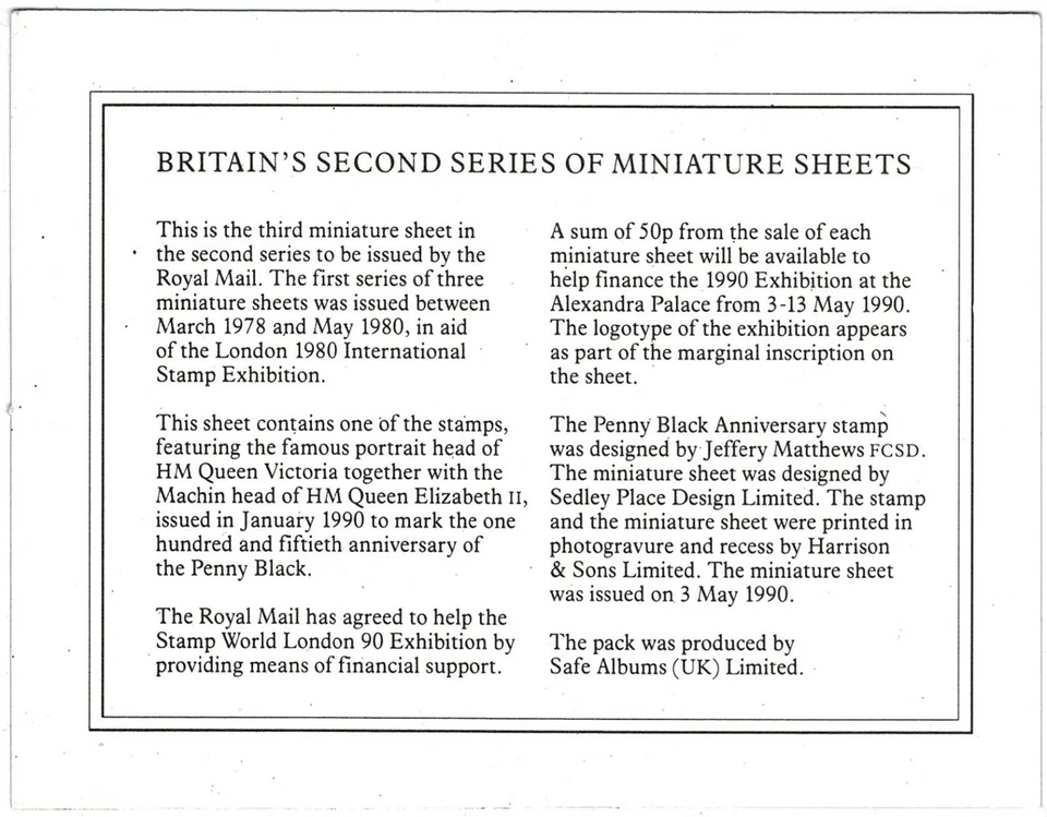 1990 THE 150th ANNIVERSARY OF PENNY 1d BLACK Mini Sheet MS1501 in ORIGINAL PACK - Image 2 of 2