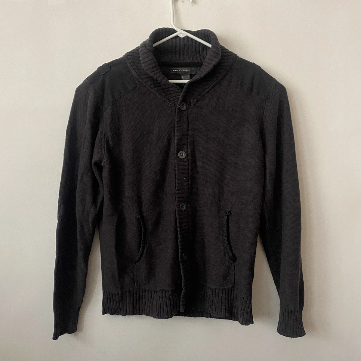 Retrofit Mens Cardigan Size M Black Elbow Patch Military Shoulders Acrylic EUC