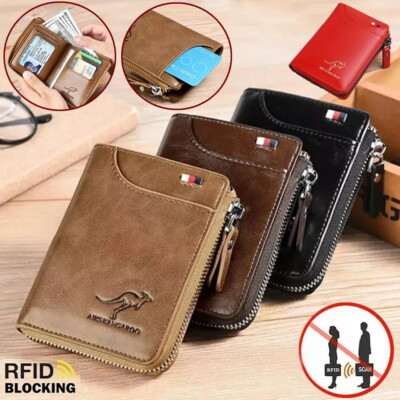 Mens RFID Blocking Leather Wallet Credit Card ID Holder Zipper Purse Waterproof